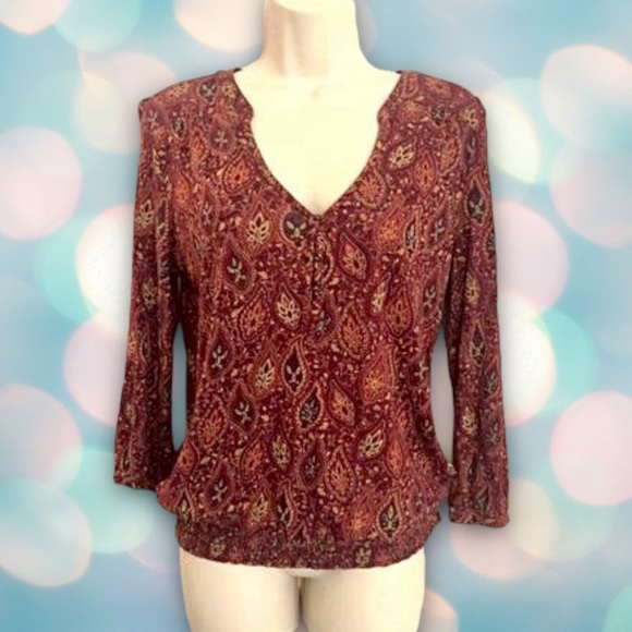 Lucky Brand Tops - Lucky Brand Women’s Burgundy Smocked Boho V-Neck 3/4 Sleeve Blouse Top Size S